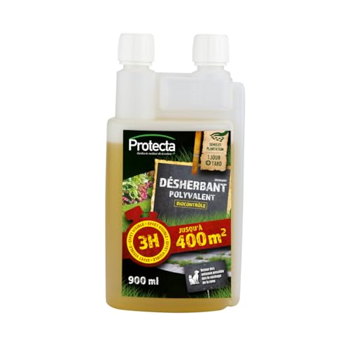 Protecta® Désherbant Polyvalent Concentré Jardin à l’Acide Pélargonique – Mauvaises Herbes & Mousses – Jusqu’à 400 m² – Action Rapide Visible en 2-3h – Bidon Autodoseur (900 ml)
