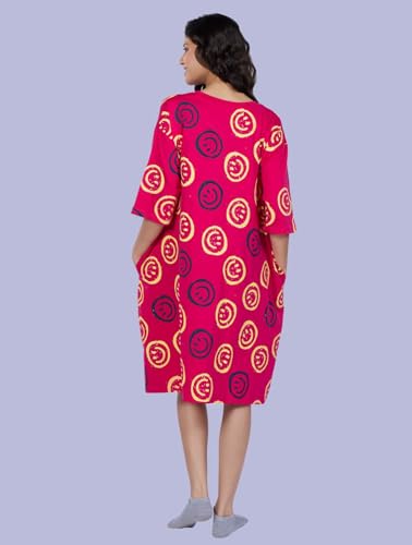 Image of LAMA STORE Women's Printed Oversized T-Shirt Dress, Cotton, 3 /4 Sleeve Length, Casual Loose Fit, Comfort Wear Extra Comfy Oversized Printed Pocket T-Shirt Dress