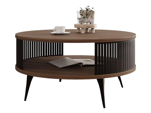 Mirjan24 Couchtisch mit Ablage Rajkon, Runde Form, Metallbeine, Kaffeetisch, Wohnzimmertische, Beistelltisch, Sofatisch, Teetisch (Nuss Franklin Tobacco, Schwarz) Mirjan24 Couchtisch mit Ablage Rajkon, Runde Form, Metallbeine, Kaffeetisch, Wohnzimmertische, Beistelltisch, Sofatisch, Teetisch (Nuss Franklin Tobacco, Schwarz)