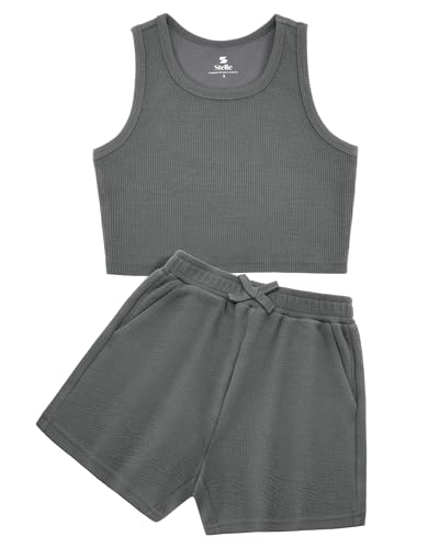 Image of Stelle Girls 2 Piece Outfits Tank Top and Shorts with Pockets 5-15 Years | Girls Ribbed Tops,Crop Tops,Scoop Neck,Sleeveless Tops,Elastic Waist Shorts,Bow Waist,Side Pockets
