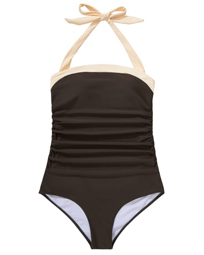 SUUKSESS Women Sexy Tummy Control One Piece Swimsuits Halter Slimming Retro Monokini Bathing Suits Color Block Swimwear(Beige Brown,L)