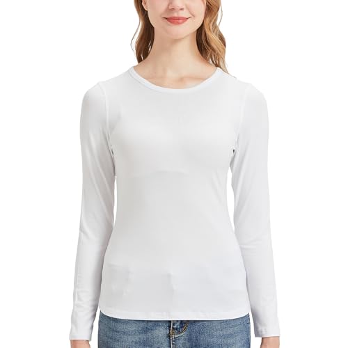 netdraw Women's Buttery Soft Ribbed Bamboo Viscose Long Sleeve T-Shirt Crew Neck Casual Tops Slim Fitted Thermal Undershirt, White, XL