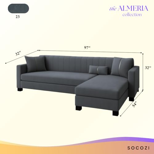 Image of SOCOZI Almeria 5 Seater RHS L Shape Sofa Set | Soft Velvet Suede Fabric | Modern Design | Plush Comfort Cushions for Living Room (Dark Grey)