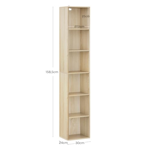 WOLTU Estantería de Piso para Libros de Exposición, con MDF, Roble Claro, Estante de Pared para Oficina, Gabinete para Archivos, 6 Compartimintos, 30x24x158,5cm SK003hei6 - imagen 3