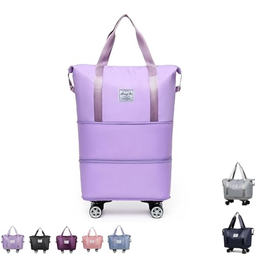 Rolling Duffle Bag with Wheels, Expandable Foldable Travel Duffel Bag, Lightweight Carry-On Luggage for Gym, Camping, Weekend Trips, Business Travel (Light purple)
