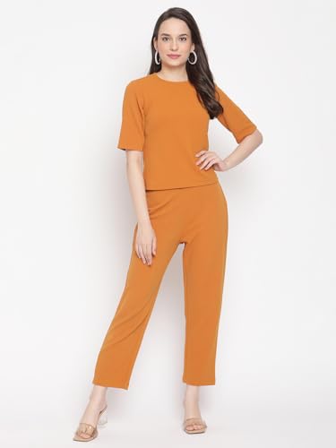 Image of Zima Leto Women's Orange Polyester Co-ord Set | Solid Short Sleeve Top with Matching Pants | Stylish Two Piece Outfit for Women | Modern Western Set for Work, Travel, Casual, Lounge & Daily Use