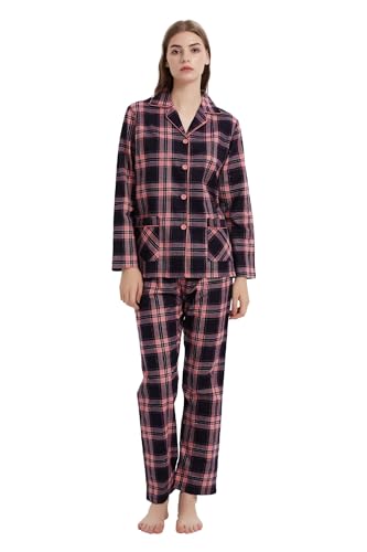 Image of GLOBAL Pyjamas for Women Flannel Cotton Sleepwear long Ladies Pyjamas Sets Button Down Loungewear Pink Blue plaid XL