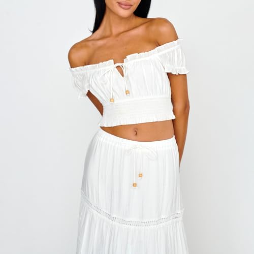 Women’s Two Piece Skirt Sets Summer Off Shoulder Frill Trim Beach Crop Tops and Long Skirt Going Out Outfit3