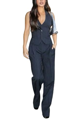 Women's Stripe Vest Pants Set Business 2 Piece Outfits Office Lady Suit2