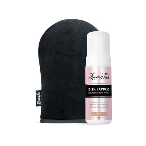Loving Tan 2 HR Express Mousse, Medium + Mitt - Streak Free, Natural looking, Professional Strength Sunless Tanner- Up to 5 Applications per Bottle, Cruelty Free, Naturally Derived DHA - 4 FL Oz