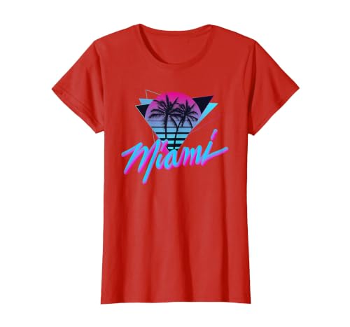 Miami - Palm Trees - Vaperwave Synthwave 80s Style Retro T-Shirt, Women, Red, Medium