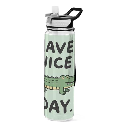 OWFKAY Botella de agua de 907.2 g con pajita, Tritan sin BPA, botella de agua deportiva de cocodrilo con asa de transporte, a prueba de fugas, perfecta para viajes, escuela, gimnasio, fitness al aire