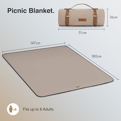 VonShef Picnic Blanket, Beige Herringbone Outdoor Rug with Waterproof Backing, 6 Person Weatherproof Picnic Mat with Faux Leather Handle, Water Resistant Camping Accessories, 147x180cm