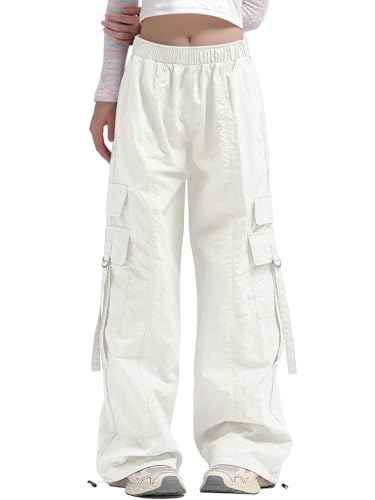 Image of Haloumoning Girls Parachute Pants Kids Wide Leg Cargo Pants Y2K Street Trousers with Pockets 5-14 Years
