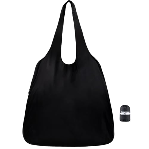 Nanobag Ultralight Foldable Tote for Women & Men Reusable Grocery & Travel Bag Packable Collapsible Compact Market Essential (Standard Black)