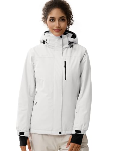 FREE SOLDIER Chaqueta de Esquí Impermeable para Mujer Forrada de Forro Polar Abrigada Invierno Lluvia con Capucha Costuras Completamente Selladas,(Blanco,XL)