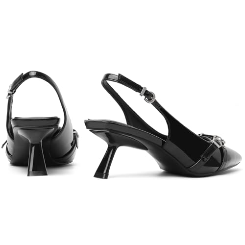 Image of Mostrin Kitten Heels for Women Pointed Toe Pumps Patent Leather Low Heel Slingback Heels with Buckle Dress Shoes for Dating Party Working