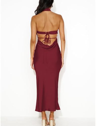 Image of Women Summer Satin Halter Neck Backless Formal Wedding Guest Maxi Dress