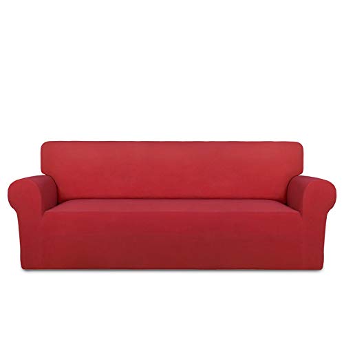 PureFit Super Stretch Sofa Slipcover – Spandex Non Slip Soft Couch Sofa Cover, Washable Furniture Protector with Non Skid Foam and Elastic Bottom for Kids, Pets （Sofa, Red）