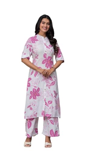 Image of Women's Floral Print Rayon Kurta Palazzo, Round Neck Half Sleeve, Regular Fit, Ethnic Casual Wear