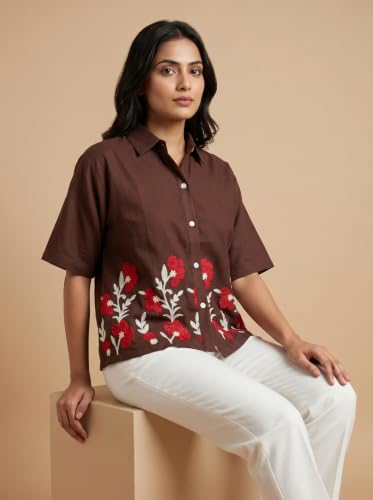 Image of Stylish Women's Embroidered Shirts | Geometric Pattern Half Sleeve Collared Button-Up Casual Shirt for Women