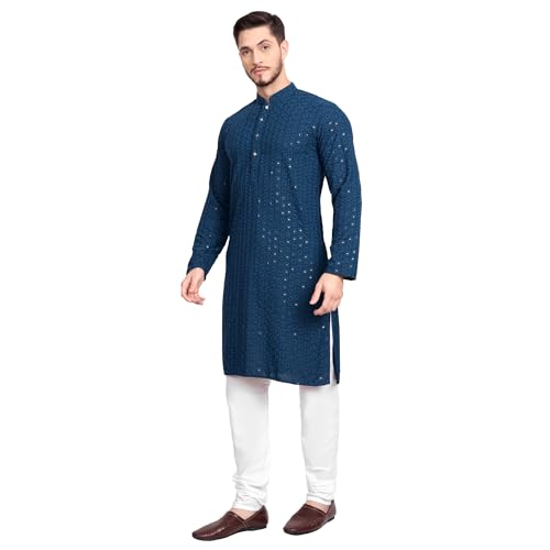 Image of Rayon Ethnic Wear Full Chikankari Sequin Embroidery Mirror Work Traditional Straight Kurta Pyjama Set for Men