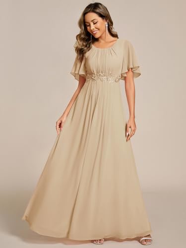 Image of Ever-Pretty Women's Classic Round Neck Pleated Short Sleeves Chiffon Appliques Floor Length A Line Formal Evening Dresses