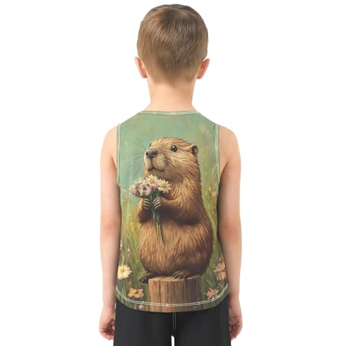 Boys Tank Top Shirts Beaver Wooden Daisy Wildflower Sleeveless T-Shirts Crew Neck for Kids Clothing Children3