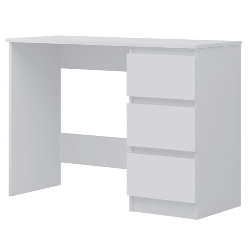FWStyle Matt White Dressing Table Desk 3 Drawer Vanity Makeup Table with Deep Storage Drawers Scandinavian Home Office Desk Bedroom Dressing Table W99 x D40 x H72cm
