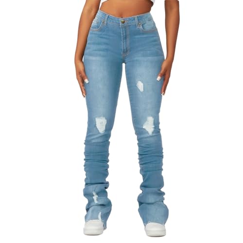 HBER Stacked Flared Jeans for Women High Waisted Stretchy Slim Fit Skinny Bell Bottom Jeans Trendy Flare Denim Pants Light Blue