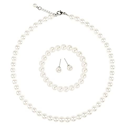 LZMEI White Faux Hand Glass Imitation Pearls Necklace Earring Bracelet Jewelry 3 Set for Women and Girls (5MM 14.5inch) Cover
