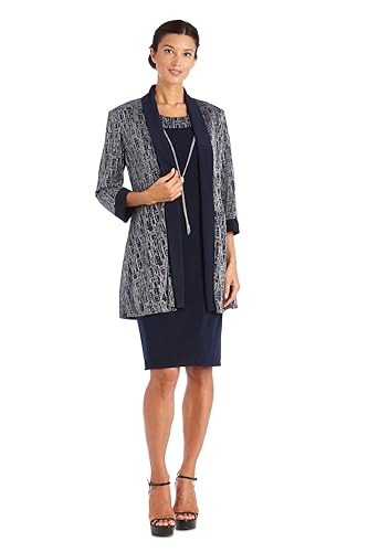 Image of R&M Richards Women's Elegant Metallic Jacquard Knit Jacket Dress | Shimmering 2-Piece Ensemble W /Detachable Necklace