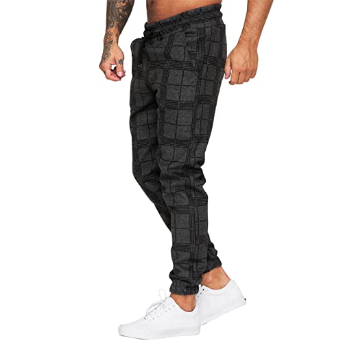 Men's Athletic Jogger Plaid Pants- Casual Cargo Outdoor Sweatpants With Pockets Black #TOP3