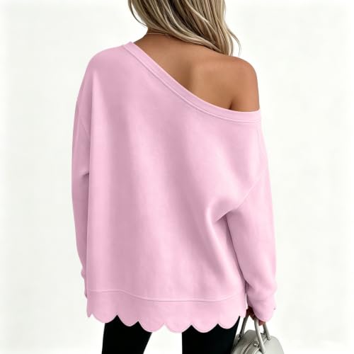 Off Shoulder Sweatshirt for Women Cotton Scalloped Hem Fall Pullover Tops - image 5