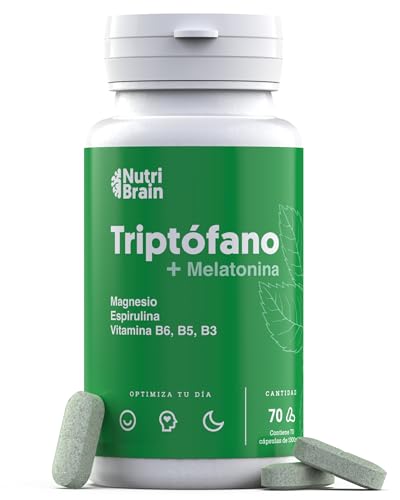 L-Triptófano con Melatonina y Magnesio + Espirulina + Vitaminas B6 B5 B3 | Dosis Alta | Para Dormir Bien, Estado de Ánimo, Energía, Bienestar y Concentración | Fórmula Sinérgica