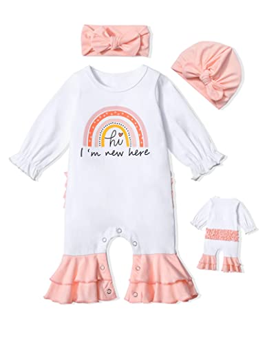 Image of AGAPENG Newborn Girl Clothes Ruffle Letter Print Romper Infant Bell Bottom Jumpsuit Boho Baby Girl Clothes with Headband Hat
