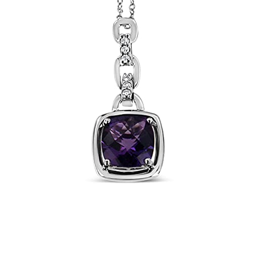 Haus of Brilliance .925 Sterling Silver 6x6MM Cushion Shaped Natural Purple Amethyst and Diamond Accented Bale 18" Inch Pendant Necklace (I-J Color, I1-I2 Clarity)