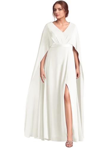 2025 Elegant Cape Sleeve Mother of The Bride Dresses A-Line Long Chiffon V-Neck Wedding Guest Gowns with Slit