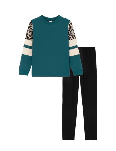 Image of PATPAT Little Girls Clothes Crew Neck Leopard Color Block Sweatshirt and Leggings Girls Outfits Size 4-12Y