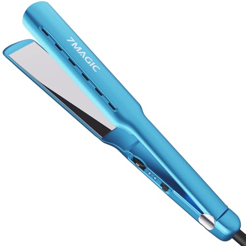 7MAGIC 1.7' Nano Titanium Wide Flat Iron Hair Straightener for Thick Hair, 15s Fast Heating with MCH Technology for Smooth & Sleek Results, Damp to Dry Styling, Dual Voltage 110-220V, Blue