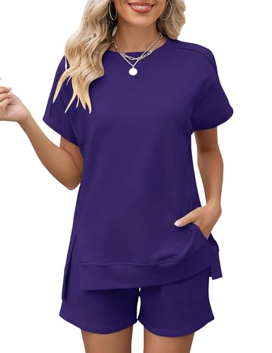 Image of LOMON Womens Fashion 2 Piece Outfits Sweatsuits 2026 Summer Short Sleeve Loungewear Tracksuit Round Neck Lounge Shorts Sets