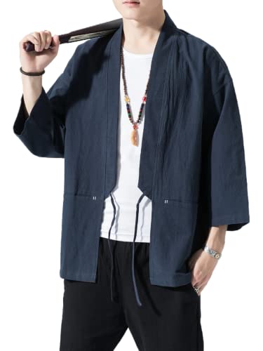 Image of Men's Japanese Kimono Cardigan Loose Cotton Linen 3 /4 Sleeve Open Front Casual Summer Shirt Jackets