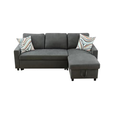 isasaka Furniture Couch with Pull Out Bed, L-Shaped Sleeper Sectional Sofa with Storage, 2 Seaters Sofa and Reversible Chaise for Living Room/Office/House/Apartment (Dark Grey) Cover