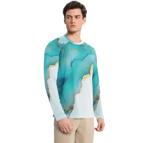Marble Turquoise White Long Sleeves UPF 50+ Classic Crew Neck Comfort Sun Shirt for Men Long Sleeve Water Fishing3