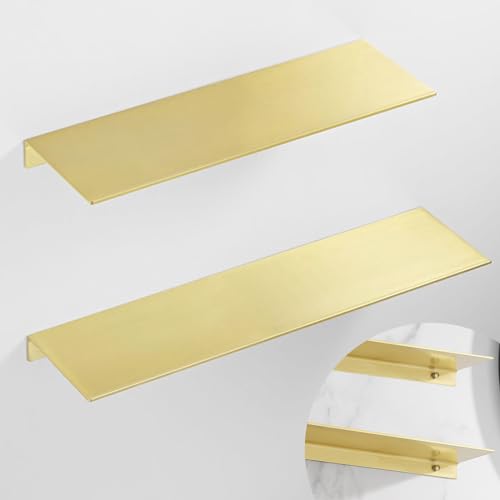 UTMACH svävande hylla, liten, väggbord, aluminium, vägg, 2 stycken, vägghyllor, guld, metall, vägghylla med skruvar för badrum, sovrum, kök, dekoration, bildram
