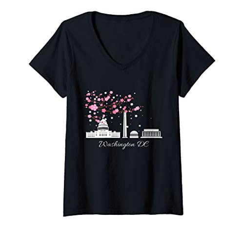 Womens Washington DC Cherry Blossom Festival Famous Monuments V-Neck T-Shirt