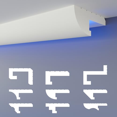 HEXIMO Profilé de joint d'ombre LED Plinthes, éclairage indirect Plinthes de plafond en XPS polystyrène sec pour revêtement de plafond mural (1,7 mètre HLED 15)