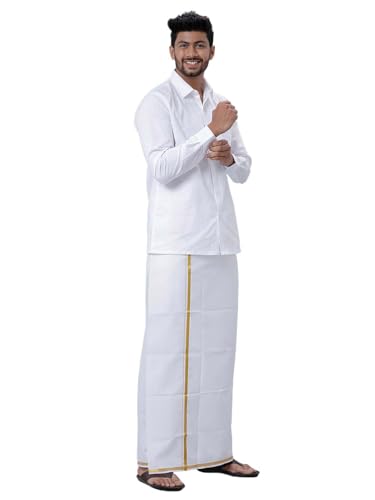 Image of RAMRAJ COTTON Men's Full Sleeve Shirt with 1 /2 Inch Gold Jari Border Dhoti