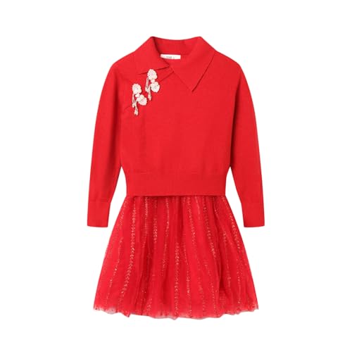 Mud Kingdom Girls New Years Dress Set Chinese Knot Traditional 2 Piece Sweater and Tulle Dresses Set Red