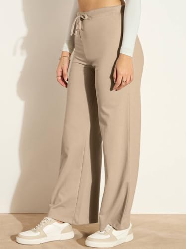 Image of Vogaan Women's Cotton Blend Wide Leg Pants | Drawstring Waist Casual Solid Track Pants for Women